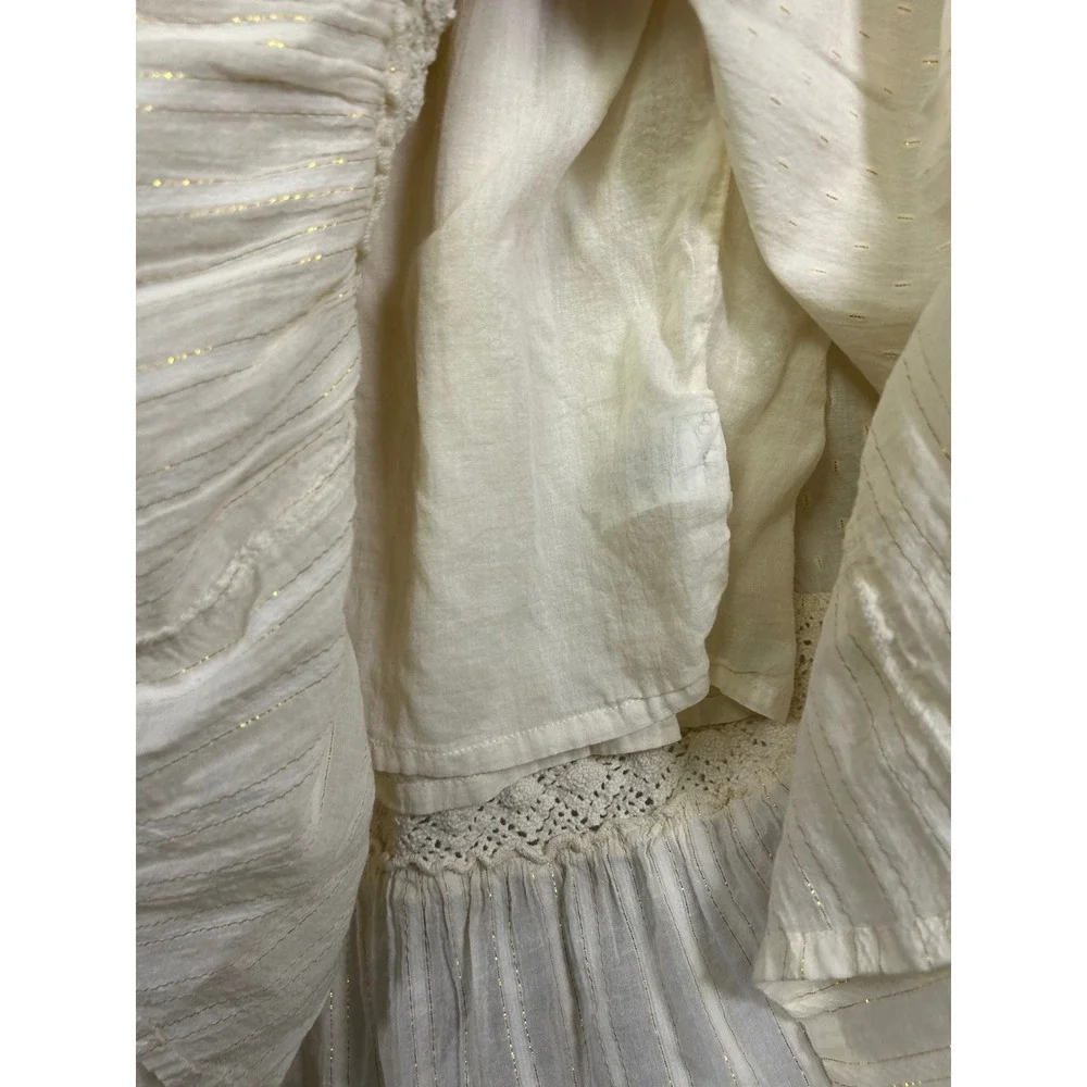 RD+Koko Boho Cottagecore Women Large Cream Gold Metallic Tiered Midi Skirt